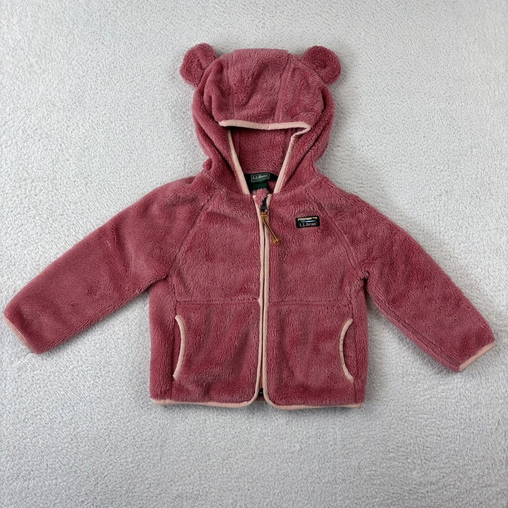 LL BEAN Hi-Pile Fleece Jacket Toddler Girls 2T Rose Pink Full Zip Bear Ears EUC - Picture 2 of 13